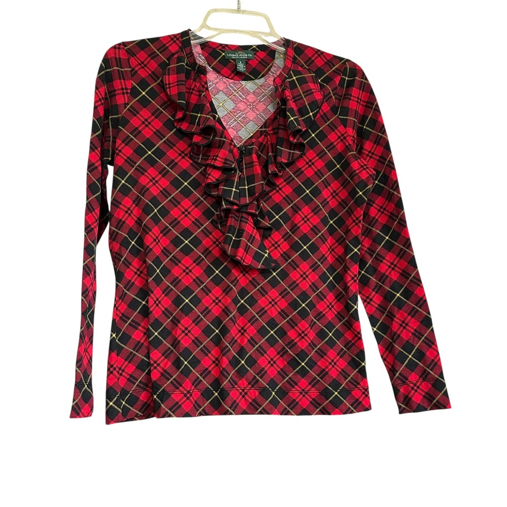 Lauren Jeans Co Ralph Lauren Red Black Plaid Ruffle‎ V Neck Top Shirt S Preppy